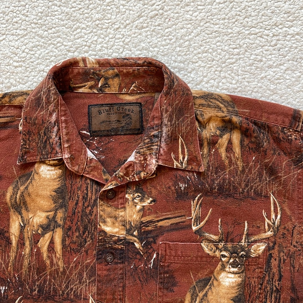 Vintage 90s Bluff Creek All Over Print Deer Nature Graphic Button Up Shirt - Picture 3 of 7